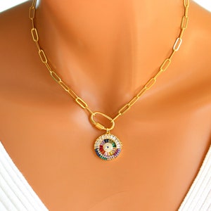 Gold Filled Evil Eye Choker Necklace: Colorful Crystal Pendant