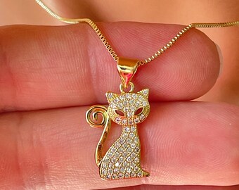 Gold Cat Necklace. 14k Gold filled pave crystal Kitty Charm BOX CHAIN, Pave Kitten pendant sterling silver available