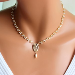 BEST SELLER Gold Miraculous Choker Necklace Pearl Collar Necklaces Virgin Mary Charm Cluster Religious Jewelry Mother Mary Pendant Gift