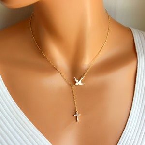 Gold Cross Necklace Women Crystal Cross Pendant Necklaces Dove Charm Confirmation Gift Swallow Bird Charm Jewelry Lariat Y Necklaces