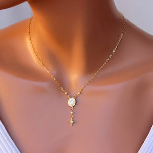 BEST SELLER Dainty Gold Miraculous Medal Charm Necklace Pearl Mother Mary Pendant Star Catholic Religious Jewelry Confirmation Gift