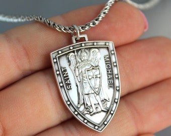 Large Sterling Silver St Michael Pendant Necklace Angel Shield Charm Michael necklace for men Jewelry Gift Protection