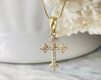 Small gold cross necklace for women girls CZ cross charm pendant necklaces, 14K gold filled cross charm, confirmation gift Christian jewelry
