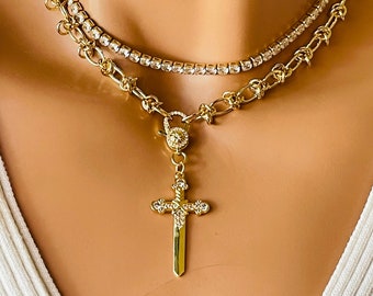 Gold barbed wire necklace Women Cross Pendant Necklaces Sword Choker CZ Chain Set 18K gold filled Chain Set READ DESCRIPTION