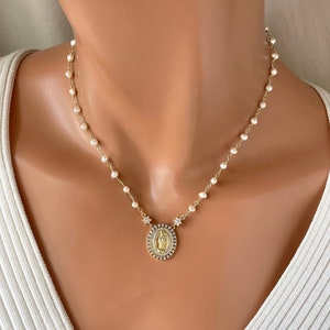 Gold Filled Miraculous Mary Necklace: Pearl Choker, Catholic Jewelry