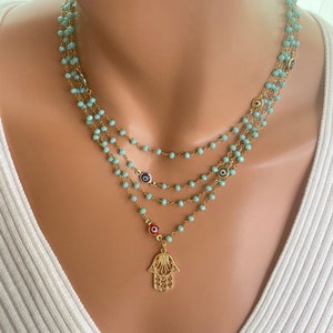 Gold hamsa necklace multi strand Turquoise Aqua gold filled Hamsa, pendant, necklace, evil eye, necklaces, women, jewelry, gift, pearls