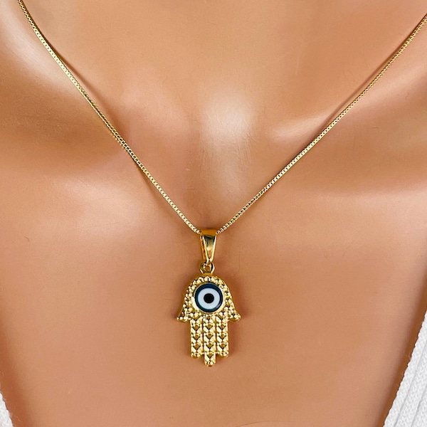 Hamsa Evil Eye Necklace 18kt Gold Filled Hand of Fatima Blye eye charm necklaces Women Girls Jewelry Box Chain Protection Gift for her