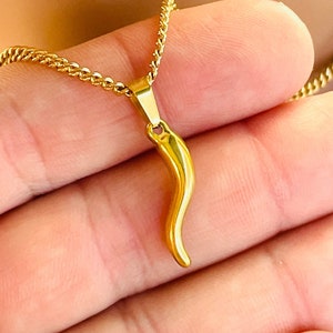 Italian Horn Pendant Necklace Stainless Steel Gold Cornetto Cornicello Jewelry Men