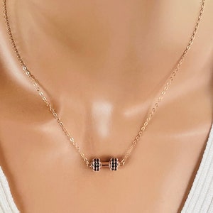 14k Rose Gold Filled Dumbbell Necklace: CZ Charm, Bodybuilding Gift women
