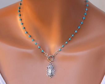 Collar turquesa de Nuestra Señora de Guadalupe en plata de ley, joyería católica