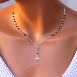 BEST SELLER Dainty Sterling Silver Rosary Necklaces Women Girls 14k Gold Filled Cross Charm Necklace Black Rosaries Gift Religious