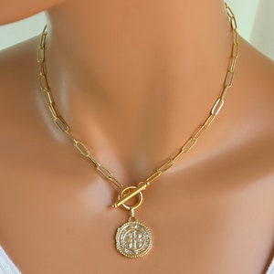 BEST SELLER Gold Coin Necklace, Benedict Cross Gold Chunky Choker, Gold Chain Protection Necklace Thick Chain, Toggle Front, Coin Necklaces