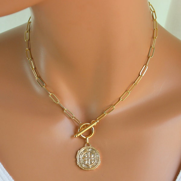 BEST SELLER Gold Coin Necklace, Benedict Cross Gold Chunky Choker, Gold Chain Protection Necklace Thick Chain, Toggle Front, Coin Necklaces