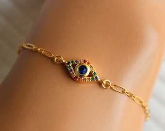 Gold Evil Eye Bracelet Women Girls Dainty Eye Charm Bracelets Colorful Eye Jewelry Gift Gold Filled Blue Evil Eye