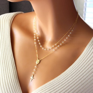 Gold Rosary Necklace Women Crystal Beads Sterling Silver Bride Necklaces Bridal Jewelry