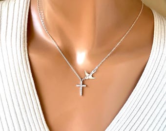 Collar de cruz de plata de ley con dije de paloma y Espíritu Santo, regalo de confirmación.