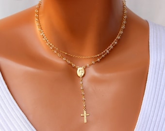 Gold Rosary Necklace For Women – Handmade Catholic Rosary With Miraculous Medal & Cross, White Jade & Pink Quartz Beads, 22 Inch Prayer Beads