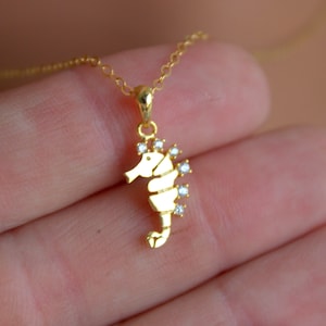14k Gold Filled Seahorse Charm Necklace Women Little Girls Dainty Jewelry Gift, small sea horse necklaces, ocean lover pendant cable chain,
