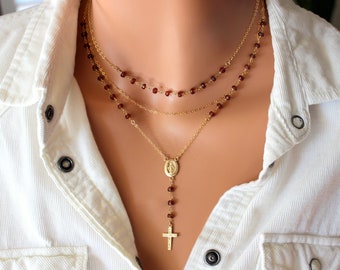 Garnet Rosary Necklace Women Gold Filled Sterling Silver Multi Strand Cross Necklaces Miraculous Medal Catholic Rosaries Gift for her