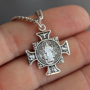 Sterling Silver Maltese Cross Necklace Men Saint Benedict Pendant Necklaces Protection Silver Cross Chain Catholic Religious Gift for Men