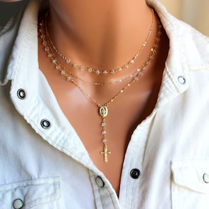 BEST SELLER Gold Rosary Necklace Women Crystal Rosary Cross Miraculous Medal Sterling Silver Crystal Rosaries Gift for her
