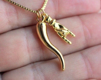 Gold Mano Cornuto Necklace, Italian Horn Hand Charm, Protection Jewelry 16", 18" or 18"-20" adjustable length.