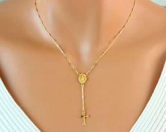 BEST SELLER Gold Rosary Necklace Women Sterling Silver Rosary Inspired Virgin Mary Charm Neckaces Cross Pendant Catholic Jewelry Gift Lariat