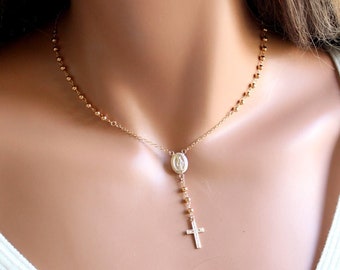 BEST SELLER Gold Rosary Necklace for Women Gold Filled Sterling Silver Confirmation Gift Spiritual Jewelry Christian Cross Lariat 3mm beads