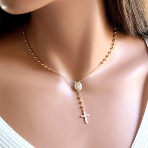 BEST SELLER Gold Rosary Choker Necklace Sterling Silver Women Girls Confirmation Gift Spiritual Jewelry Christian Cross Lariat