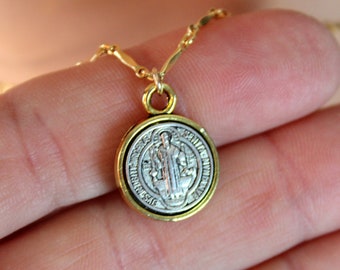 1 Medalla De San Benito Saint St Benedict 14k Two-Tone Rose Gold Coin Necklace