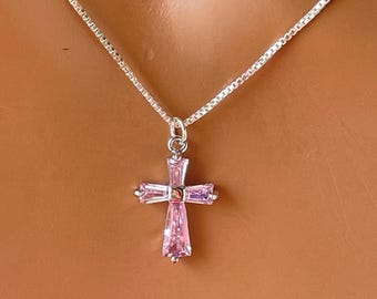 Dainty Sterling Silver Pink Crystal Cross Necklace 14k Gold Filled Christian Jewelry BOX chain confirmation gift for girls