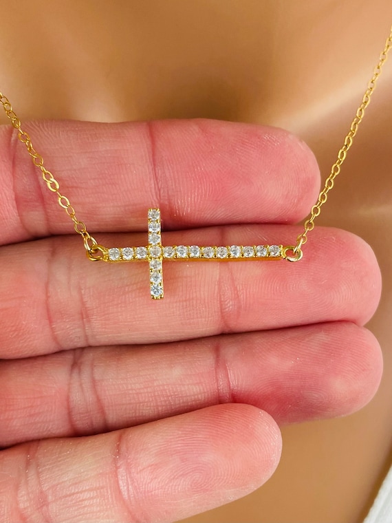 Gold sideway cross necklace for women cz crystal cross charm necklace Christian jewelry Sideways cross necklaces Girls Confirmation gift