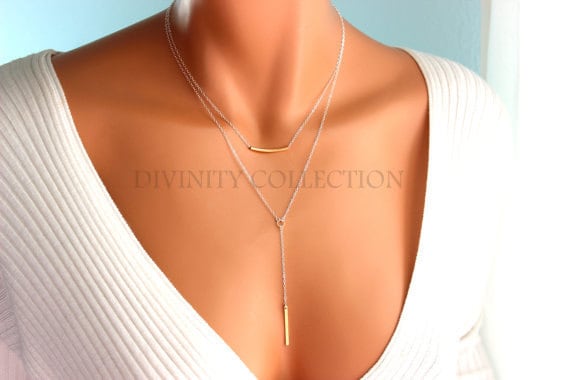 Multi Strand Necklace Sterling Silver Gold Filled Bar Y Style Minimlaist Jewelry Simple Delicate Lariat Necklaces Two Tone Women Gift