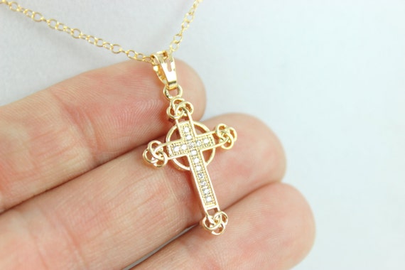 Gold Filled Cross Necklace Women High Quality Cubic Zirconia Pendant Necklaces Christian Catholic Jewelry Gift Bride Bridesmaids Wedding