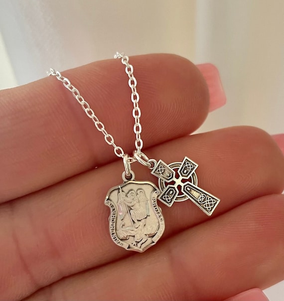 Sterling silver Celtic cross charm necklace Saint Michael charm necklace double charm necklace gold Saint Michael gold jewelry women girls