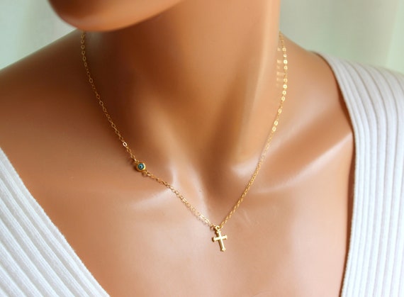 Dainty Gold Cross Necklace Blue Evil Eye Charm Necklaces Gold Filled Small Tiny Cross Silver Eye Charms Women Little Girls Jewelry Gift