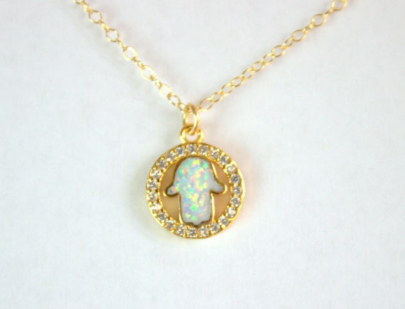 Opal Hamsa Charm Necklace Women Girls Gold Hamsa Pendant Necklaces Jewelry