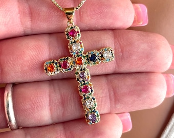 Large colorfulGold Filled Cross Necklace: Multicolor CZ Pendant, Faith Gift, women