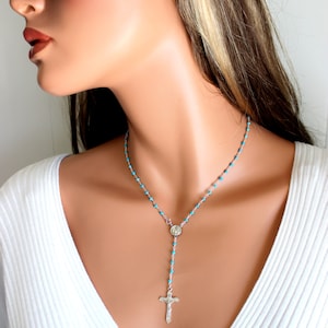 Rosary Necklace Turquoise Sterling Silver Crucifix Cross Necklaces Custom Rosaries Religious Jewerly Gift