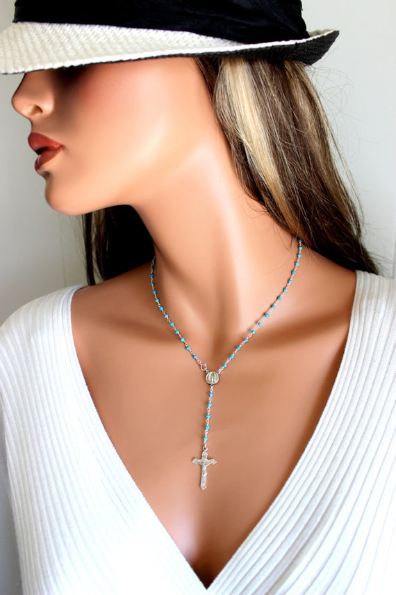 Rosary Necklace Turquoise Sterling Silver Crucifix Cross Necklaces Custom Rosaries Religious Jewerly Gift
