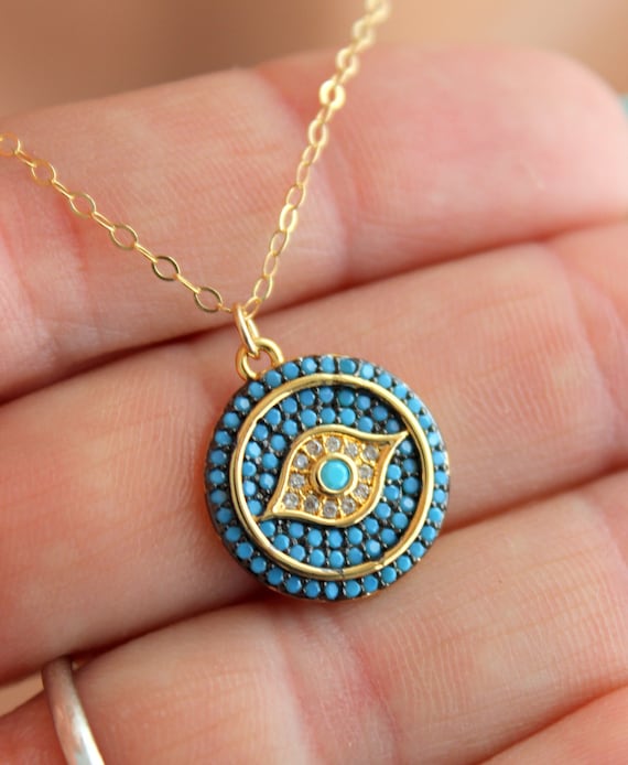 Dainty Evil Eye Necklace Women Turquoise Aqua Crystals Small Eye