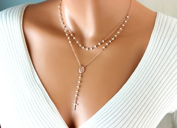 Rose Gold Rosary Necklace Women Pearl Miraculous Multi Strand Catholic Rosaries