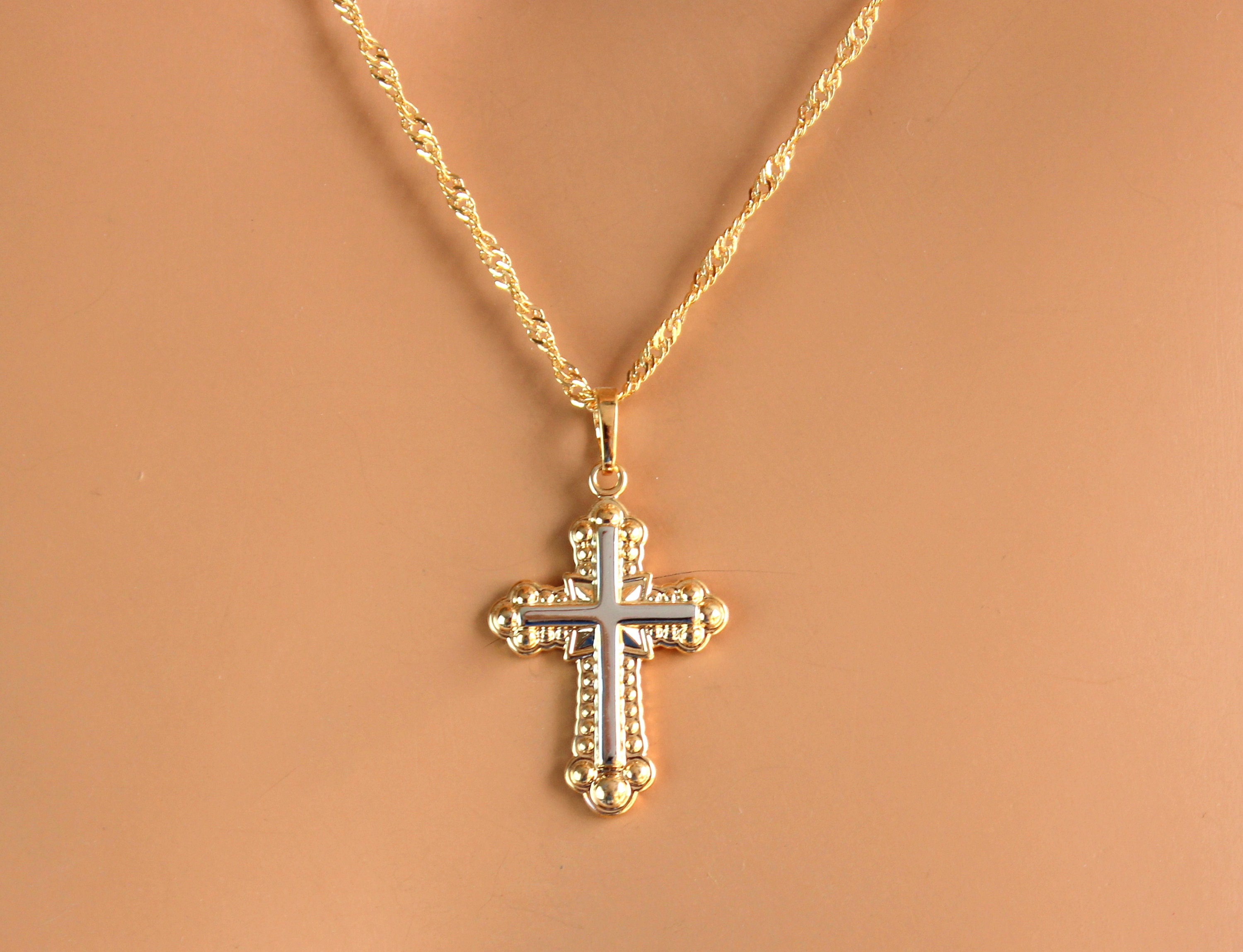 Gold Cross Necklace Women Two Tone Pendant Christian Catholic Etsy