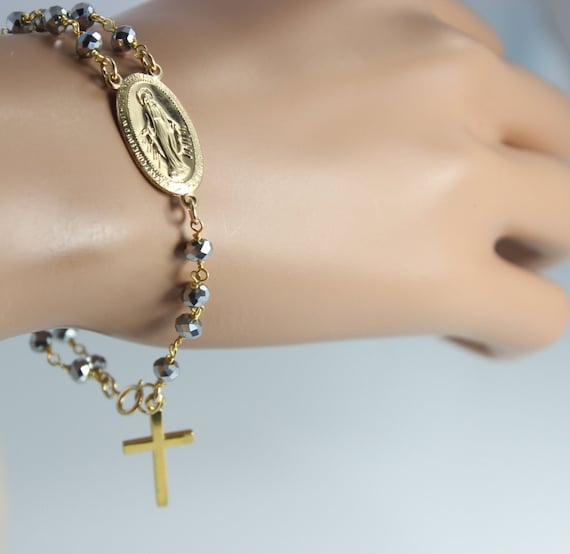 Gold Rosary Bracelet Gunmetal Crystal Large Miraculous Medallion Women Men Custom Bracelets Rosaries Jewelry