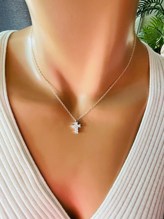 BEST SELLER Small Sterling Silver Crystal Cross Necklace Tiny Dainty Charm Pendant Women Little Girls Jewelry Christian Gift High Quality