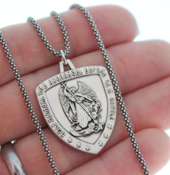 St. Michael Necklace - Two Tone Sterling Silver Medal On 24