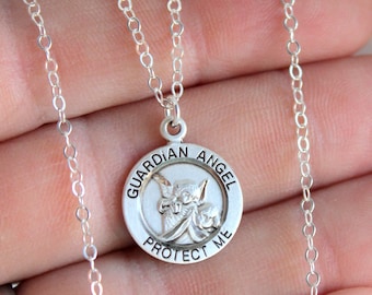 Small Sterling Silver Guardian Angel Necklace: gold charm, communionGift