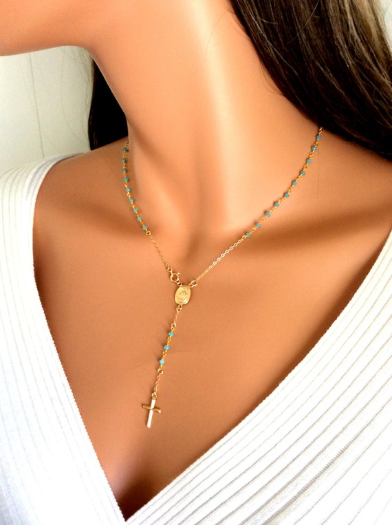 Rosary Necklae Gold Filled or Sterling Silver Cross Necklaces Women Girls Aqua Rosaries Christian Catholic Jewelry Confirmation Gift