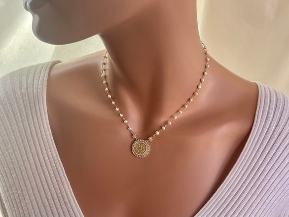 Gold Benedict Necklace Pearl necklace Choker Gold Benito Charm Protection religious Women Catholic Jewelry bridal necklace virgin Mary gift