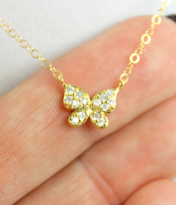 Dainty Butterfly Necklace Gold Pave Crystal Charm Little Girls Women Cute Small Tiny Butterflies Gift